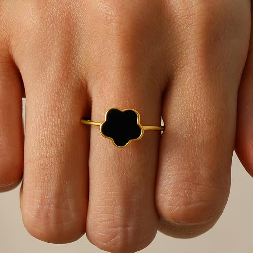 XAYAH Dainty Lucky Leaf Flower Ring for Women 925 Sterling Silver Black Onyx Halo Ring 14K Gold Plating Stackable Ring Creative Ring to Daughter Mom Wedding Season Jewelry Gift for Her Size 6-94