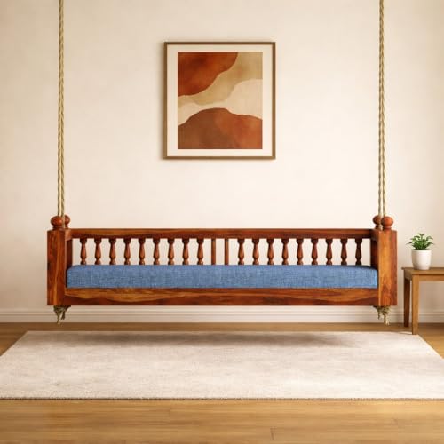 Image of Swing for Balcony | Sheesham Wood House Swings for Living Room | Wooden Patio Jhula for Home Indoor, Garden Outdoor & Balcony | Natural Finish
