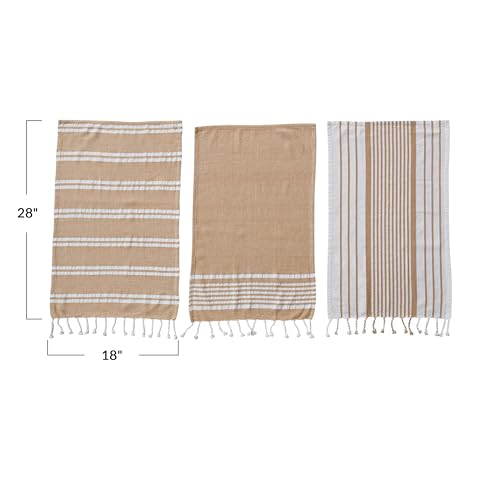 Bloomingville Set of 3 Woven Cotton Tea Towels, Brown and White