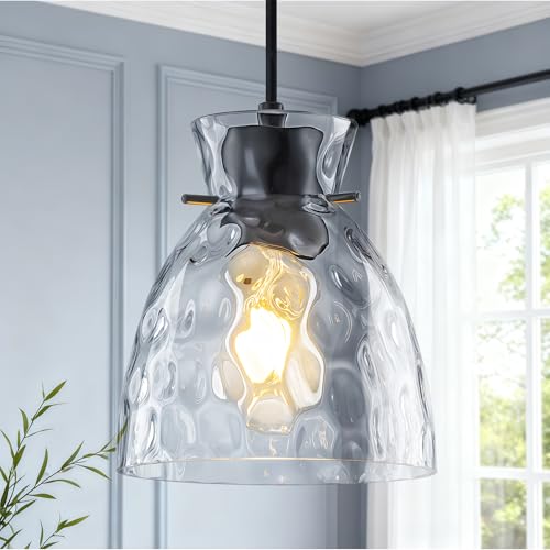 Hammered Glass Black Pendant Lights Kitchen Island Lighting, Small Hand-blown Glass Black Farmhouse Pendant Light Fixtures, Modern Hanging Lights Kitchen Pendant Lighting over Island Sink Bathroom E26