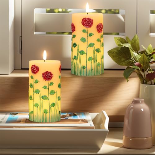 Image of Roses Flower Flameless Candles Battery Operated with 6 Hour Timer 3D Wick Flickering LED Pillar Candles Real Wax Hand-Painted Dinner Christmas Holiday Decor(2 Pack, 3 inch D x 6.5 inch H)