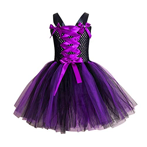 Maleficent Boze koninginnenkostuum voor baby's, kinderen, meisjes, boze koningin, kostuum, boze fee doornroosjes cosplay Halloween carnaval met hoorn vleugels prinses verkleden, gebreide tule jurk, feestjurk - Image 3