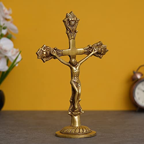 Image of eCraftIndia Golden Brass Jesus Christ Statue | Cross Jesus Statue for Home Office | Gift for Christmas