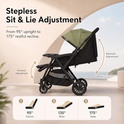 Image of StarAndDaisy Foldable Baby Stroller for 0-3 years Infant & Toddler / Travel Pram for Baby with Storage basket & Lockable Wheels, Multi-Level Recline & Adjustable Footrest, Removable Tray , Safety Harness Belt -Green