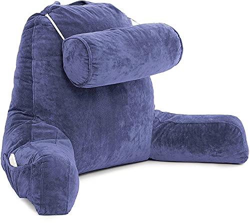 Reading Pillow with Arms for Sitting in Bed,Adult Back Support for Bed ,Big Backrest Lounge Cushion with Pockets for Reading/Watching TV (Navy Blue)