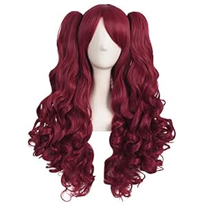 Mapofbeauty 28 Pulgadas/70cm Largo Rizado Clip 2 Coletas Lolita Cosplay Peluca(Rojo Sangre)