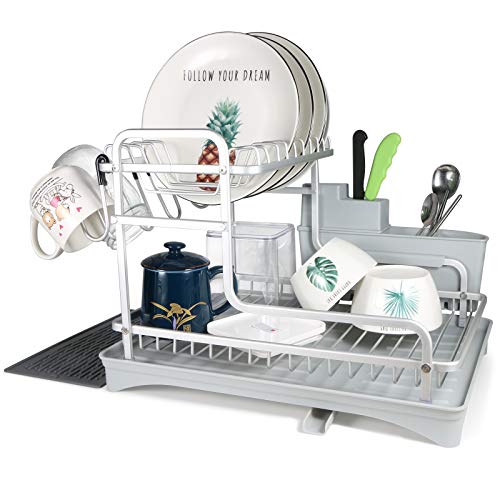 TBMax Dish Drying Rack with Drainer Tray/Utensil Holder/Cup Hanger, 2-Tier Never Rust Aluminum Sink Dish Drainer Drying Rack with for Kitchen Countertop -Silver