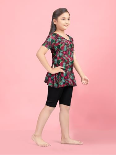 Image of Aarika Girls Sports Wear Blue Colour Leaf Print Nylon Swim Suit