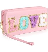 YESMET Preppy Makeup Bag, Chenille Letter Patch Cosmetic Bag, Portable Travel Makeup Organizer Ba...