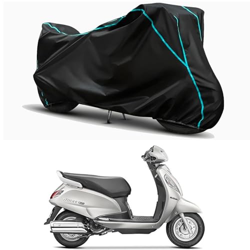 Image of Waterproof Bike Body Cover Compatible for | Suzuki Access 125 Old | Taffeta Fabric, Sky Piping Design, Bottom Elastic Fit | Dustproof, Sun UV & Rain Protection for All Weather.