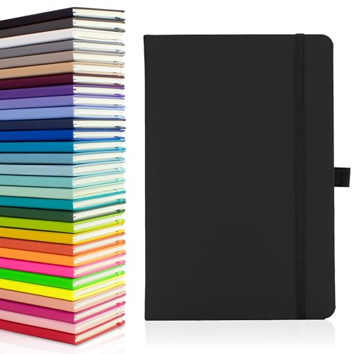 Notes London Eco A5 Notebook with Lined Pages, Pen Loop, Ribbon, Date Marks and Paper Pocket, Medium Hardback Journal, Note, sustainably sourced paper (Black)