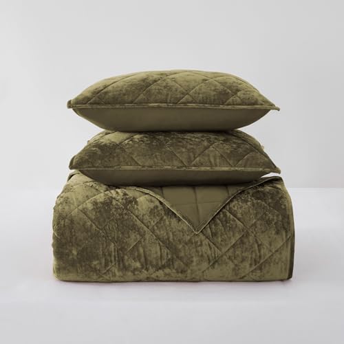 Image of Wonderful Luxury Velvet Green Quilt Set Queen, Diamond Stitch Pattern Bedding, Lightweight Ultra-Soft Skin-Friendly, All-Season, Versatile as Comforter /Bedspread for Adults Teens Kids Bedroom,94 inchx94 inch