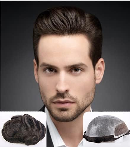 LLWear Toupee for Men Hair System for Men 8x10 Inches Thin Skin PU with 1.5 Inches Lace Frontal Base European real human hair Natural Wave Men's Hairpieces Replacement System,#2(Dark Brown)