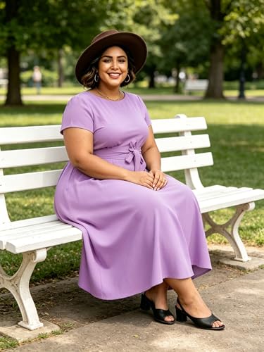 Image of Hostoyo Women Plus Size Formal A Line Maxi Dress Self Tie Waist with Pockets Elegant Round Neck Swing Long Dresses