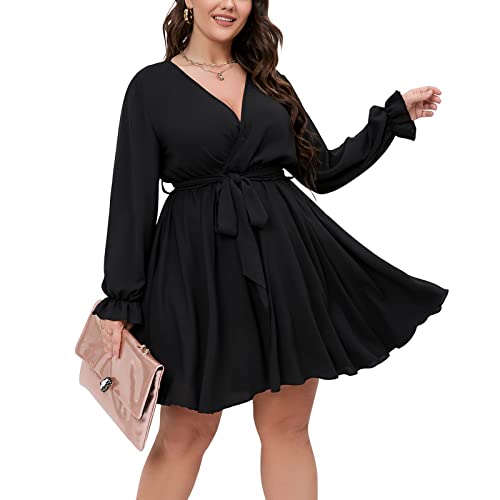 SCOMCHIC Women's Plus Size Long Sleeve Wrap V Neck Tie Waist A Line Mini Dress Black