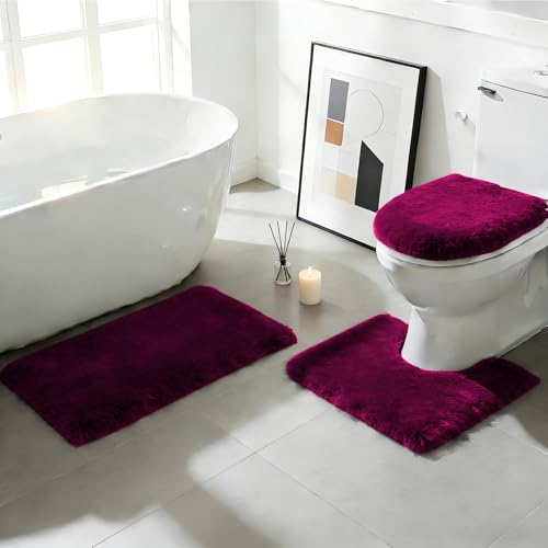 RUN HELIX Shaggy Bathroom Rugs Sets 3Piece Bath Mat for Bathrom Non-Slip Bathrom Mats Water Absorbent Bath Rug Floor Mats Soft Washable Shower Rug with U-Shaped Contour Rug Toilet Lid Cover
