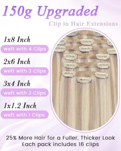 Image of LaaVoo Human Hair Clip in Extensions Highlights Hair Extensions Clip ins Ash Blonde Mix Bleach Blonde Clip in Hair Extension Real Human Hair Silky Straight 24 Inch7pcs 150g