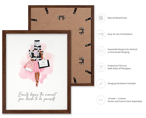 Image of Poster Master Lady with Shopping Bags Poster - Fashion Print - Trendy Art - Modern Art - Gift for Women & Fashionista - Luxury Haute Couture Decor for Bedroom or Girl's Room, 16x20 Brown Framed
