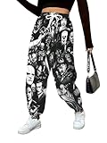 Charfille Women's Casual Pants Drawstring Halloween Skeleton Print Color Block Tapered Leg Wide Leg Loose Pants (6-Halloween Black, XL)