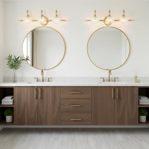 Image of Bathroom Vanity Light Fixtures, Farmhouse Vintage Wall Sconce Lighting with Glass Shade, Bath Vintage Wall Mounted Lamps for Mirror (3 Lights,Gold,G9 Base)