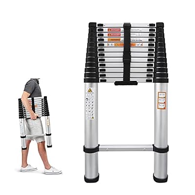 12.5ft Extension Ladder Aluminum Telescoping Step Ladder Adjustable Height, Folded 2.8ft, 330lbs Max Load Capacity, EN131, Portable Extendable Ladder for Home, Office, Outdoor