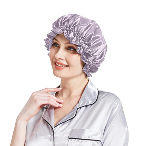 Silk Bonnet for Hair Care, Natural Silk Cap for Sleeping and Shower, Double-Lined, 6A-grade Mulberry Silk Turban Light Purple