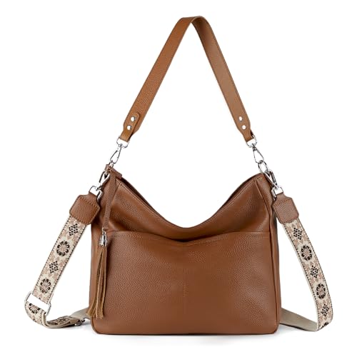 Genuine Leather Purse for Women, Brown Hobo Crossbody Soft Real Leather Crossbody with 2 Removable and Adjustable StrapsTrendy Womens Purses and Handbags for Everyday