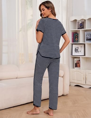 Image of Womens Pajama Sets Cotton 2 Piece Lounge Set Stripe Short Sleeve Pj Set Comfy Loungewear Sleepwear with Pockets
