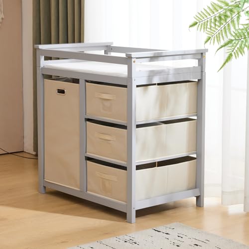 Image of Karl home Modern Baby Changing Table,Dresser Baby Diaper Changing Station with Laundry Hamper,Infant Nursing Table with 3 Storage Drawers,Removable Safety Rail & Strap for Bedroom,Nursery,LightGrey