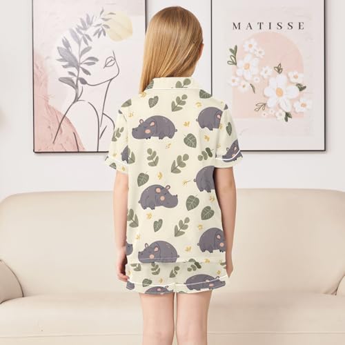 ALAZA Cute Hippo Leaves Pajamas Satin Pajama Set Short Sleeve Button Down Sleepwear4