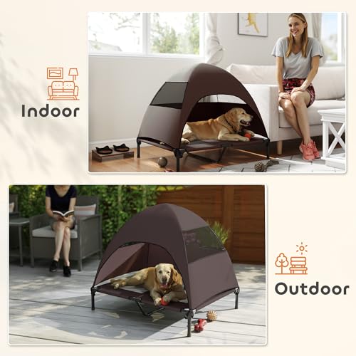 PawHut Hundeliege Outdoor mit Dach, Erhöhtes Hundebett für Große Hunde, Kühlendes Haustierliege mit Waschbares Mesh Stahlrahmen Tragtasche, Haustierbett für Draußen Camping 91x76x90cm, Kaffee