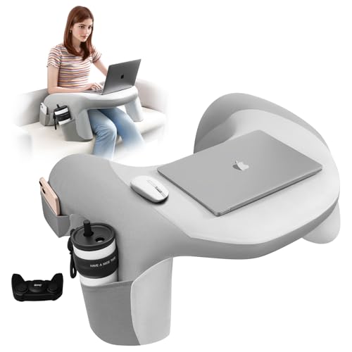 Reading Pillow for Bed, Lap Desk for Laptop, Memory Foam Arm Rest Support Gaming Pillow with Cup/Phone Pocket, Laptop Lap Desk for Working, Gaming, Reading on Couch Bed Floor- Grey
