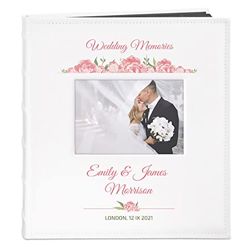 Maverton Photo Album for couples- White cover with a photo frame and a stylish print - 60 black pages to fill in - Up to 240 images in multiple size - Personalised wedding gift (Roses)