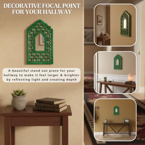 Image of Handcrafted Traditional Green Mughal MDF Wooden Mirror Jharokha Wall Art | Mughal-Inspired Boho Vintage Style Decorative Wall Hanging for Living Room & Home Interiors (Green Mughal)