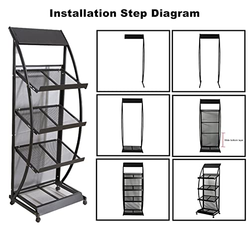 4 Bolsillos Floor Magazine Rack Metal, Soporte Robusto del Cartel con Las Ruedas para los hospitales Showrooms, Estante de exhibición del folleto ventilado Uso Comercial Fácil Asamblea