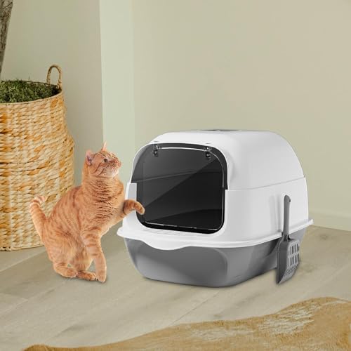 Arenero para gato con tapa y puerta, mediano, gris miniatura 7