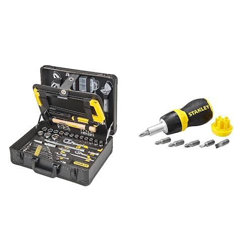 STANLEY Valise de Maintenance - 142 Pièces - Pinces et coupe-touts, clé à molette, niveau, mesure & Tournevis Porte-Embouts a cliquet bimatiere + 6 Embouts...