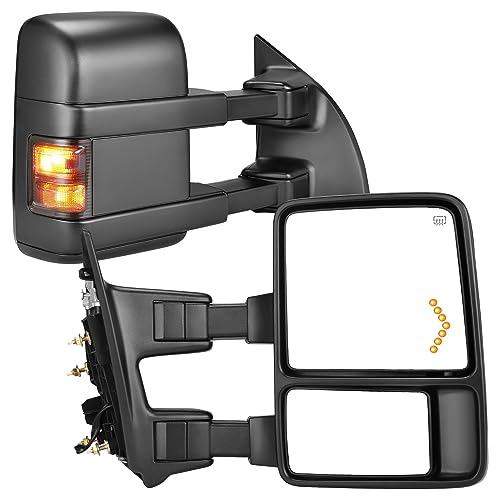 YITAMOTOR Towing Mirrors Compatible with 1999-2007 Ford F250 F350 F450 F550 Super Duty 2001-2005 Excursion with LED Arrow Signal Light Smoke Power Heated Telescoping Rear LED Turn Signal