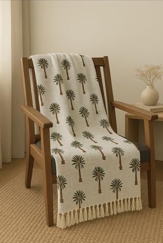 Image of Premium Cotton Palm Tree Printed Throw Blanket | 50x60 Inches Multicolor Design Throw for Sofa, Chairs, Bedroom & Home | Skin-Friendly & Lightweight | 200 Thread Count