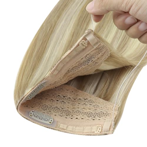 Image of YoungSee Wire Human Hair Extensions Balayage Wire Hair Extensions Real Human Hair Ombre Medium Brown to Caramel Blonde with Brown Fish Line Remy Hair Extension 14 Inch 70g