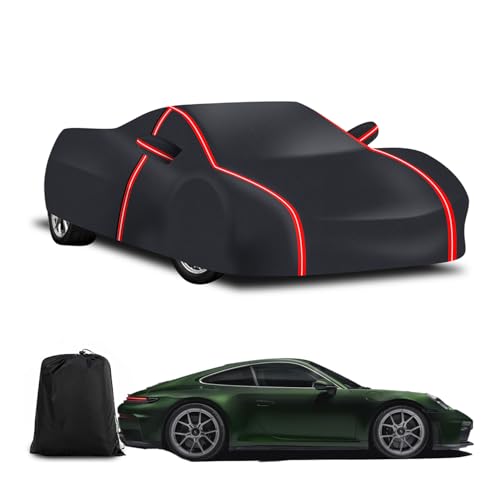 Image of Waterproof Car Cover for Porsche 911 /718 /for Boxster,All Weather Outdoor 230T Polyester with Driver Door Zipper, Snow Rain Dust Sun UV Protection,Includes Storage Bag(Black+Red)