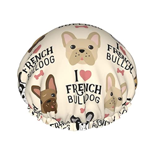 Duschhaube mit französischer Bulldogge-Aufdruck für Damen, wiederverwendbar, doppellagige Stoff-Duschhauben, Haarkappen für Mädchen