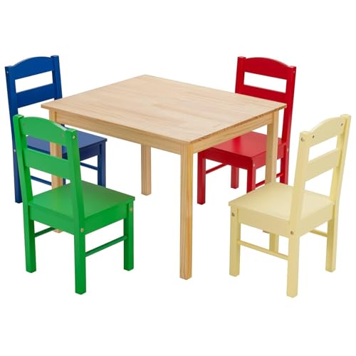 Kids Table and Chair Set, Wooden Children Desk and 4 Chairs, 5 Pcs Kids Activity Furniture for Nursery, Playroom, Preschool and Kindergarten, Boys and Girls Aged 3+ Years Old (Natural+Multi-Color)