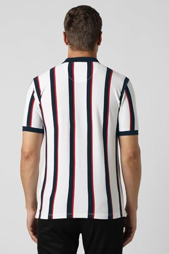 Image of Peter England Men's 100% Cotton Vertical Striped Polo T-Shirt - Casual Wear | Sleek & Comfortable