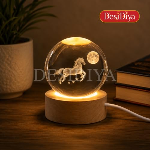 Image of Desidiya 3D Crystal Moon with Horse Night Light | Engraved Crystal Ball LED Night Light with Wooden Base, USB Powered | Romantic Home Decor & Valentine's Day Gift for Her, Him & Couples (Warm White)