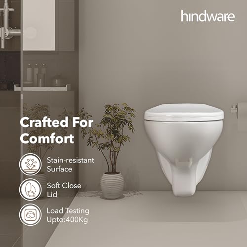 Image of Hindware Flora Wall Hung Western Commode for Bathroom | Made of Ceramic | P-255 Trap | Soft Close Feature | Star White | Geometric Shape | Wall Mount Ewc | 10-Year Manufacturer Warranty