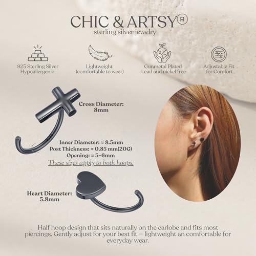 Image of CHIC & ARTSY 925 Sterling Silver Half Hoop Earrings for Women, Small Huggie Hoops Set with Ball Bar Star Moon Cross & Pearl, Lightweight Comfort Fit Everyday & Sleep Earrings
