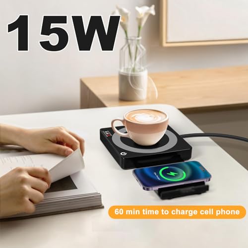 AUDRWALL 3 in 1 Coffee Mug Warmer with 15W Wireless Charger and Night Light for Home Office Desk Use with Auto Shut Off for Heating Coffee, Beverage, Milk, Tea, Hot Chocolate and Candle Wax