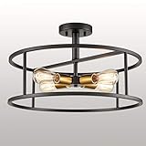 EUL Industrial Semi Flush Mount Ceiling Light 4-Light Metal Drum Chandelier Lighting Fixture