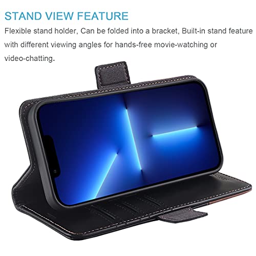 Kezihome Iphone 13 Pro Genuine Leather Rfid-Blocking Wallet Case, Flip Magnetic Stand Cover With Card Slots (6.1 Inch, Black/Brown) #TOP3